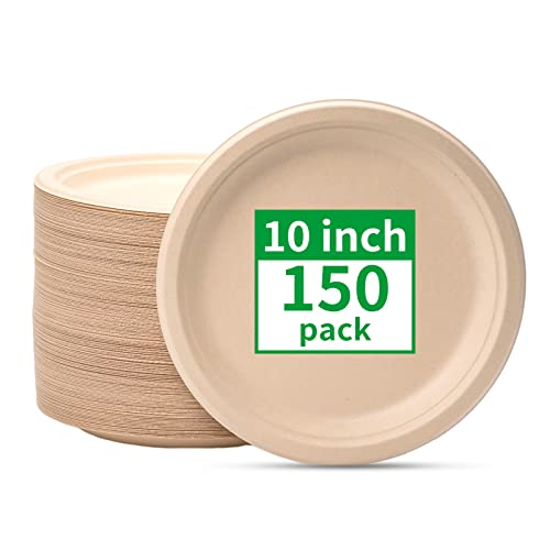 RACETOP Compostable Paper Plates 10 Inch 150 Pack Disposable Biodegradable Heavy Duty Paper Plates Made of Natural Sugarcane Fibers Unbleached Brown Round