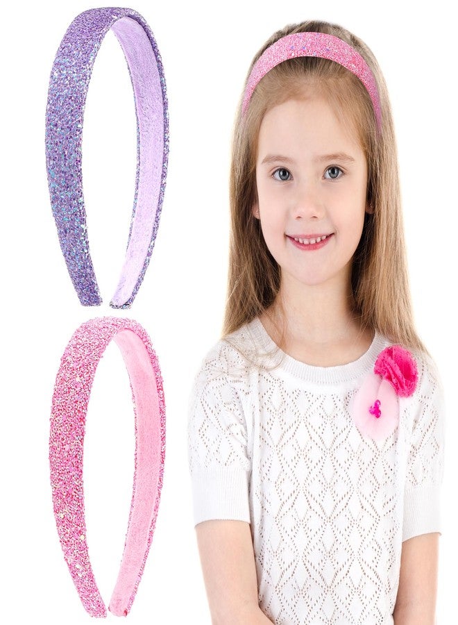 COMNICO 2 PCS Glitter Headbands for Girls, Cute Sparkly Wide Thick Head Bands Bling Non Slip Hairband Rainbow Sequin Little Girl Hair Accessories for Children Kids Women (Pink + Purple) - Image 1