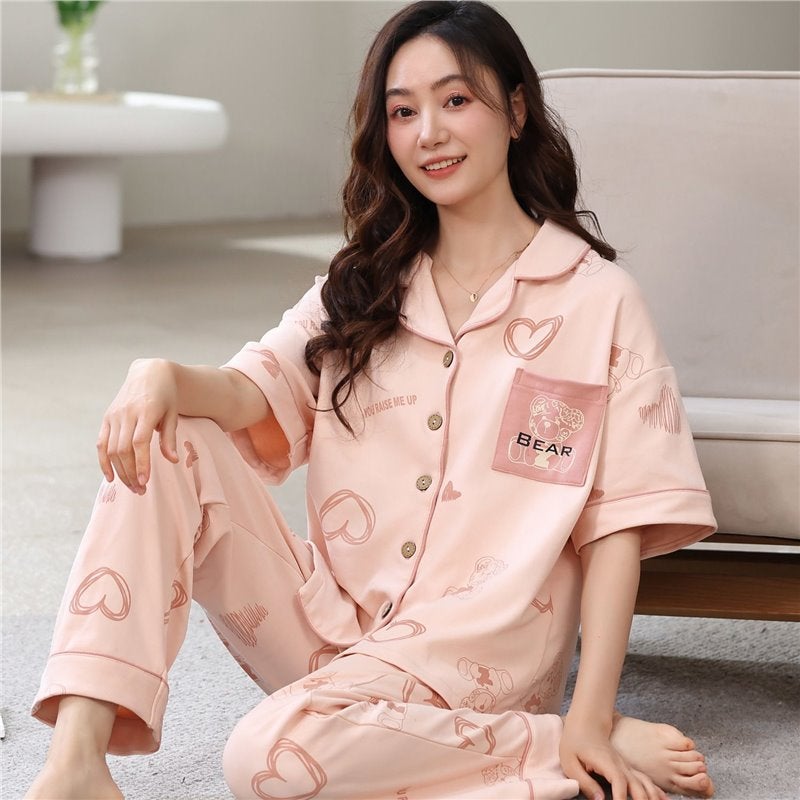 Double-sided Cotton Pajamas Women''s Summer Korean-style Short-sleeved Trousers plus size Cardigan suit Young and Middle-aged Home Clothes - Image 2