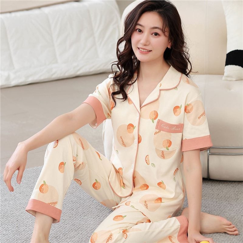 Double-sided Cotton Pajamas Women''s Summer Korean-style Short-sleeved Trousers plus size Cardigan suit Young and Middle-aged Home Clothes - Image 5