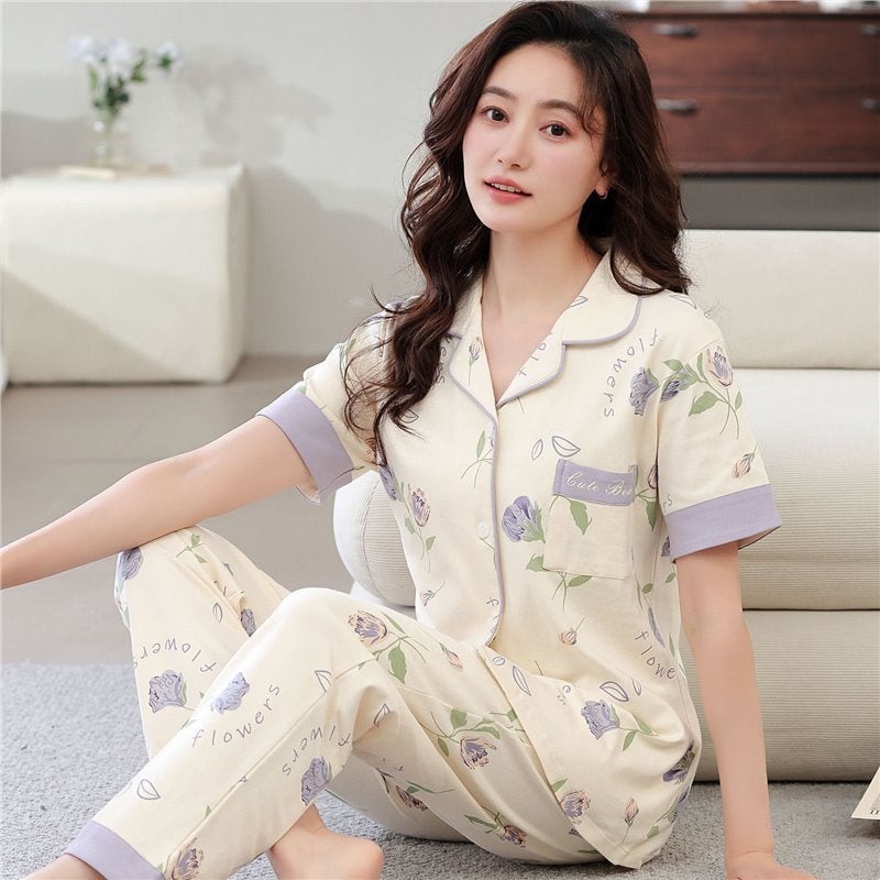 Double-sided Cotton Pajamas Women''s Summer Korean-style Short-sleeved Trousers plus size Cardigan suit Young and Middle-aged Home Clothes - Image 4