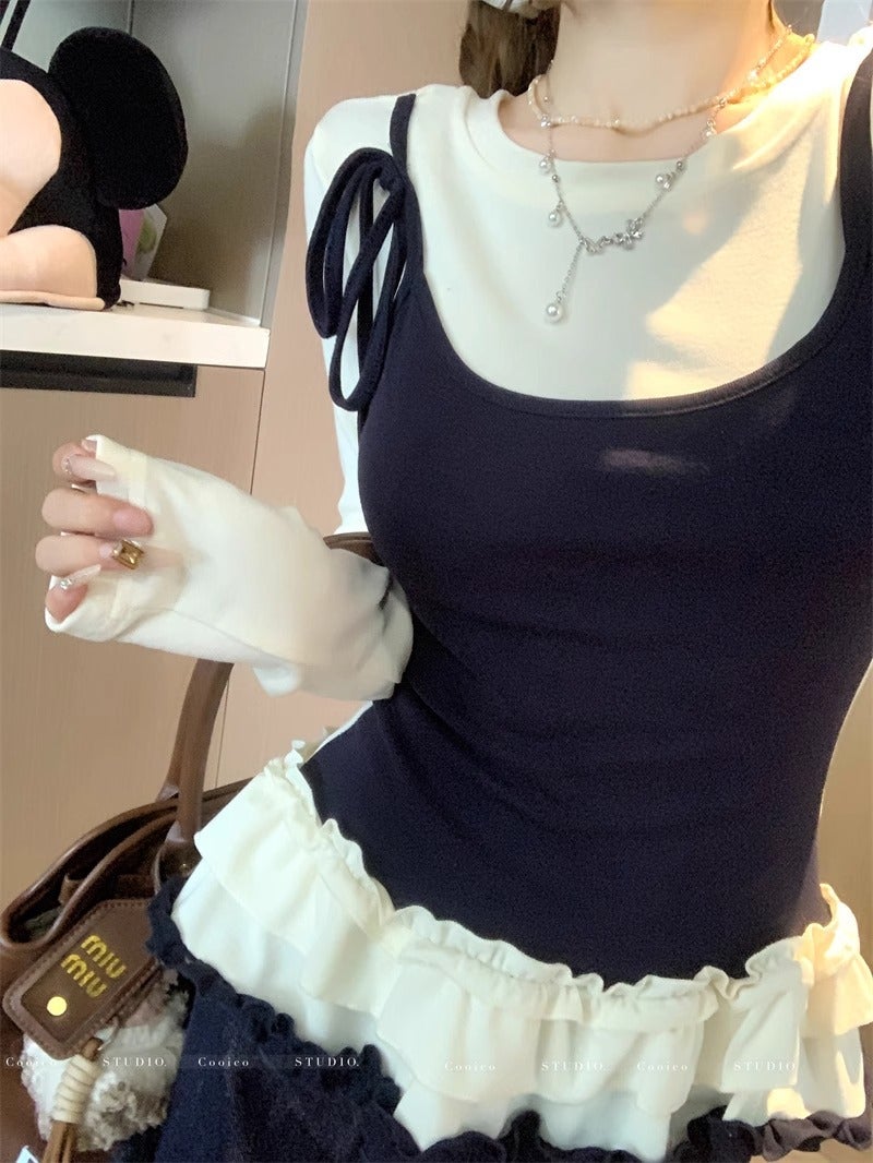 Design Sense Fake Two-Piece Long-Sleeved T-Shirt Women'S 2025 Early Spring Sweet Korean Fungus Lace Base Shirt Top - Image 1