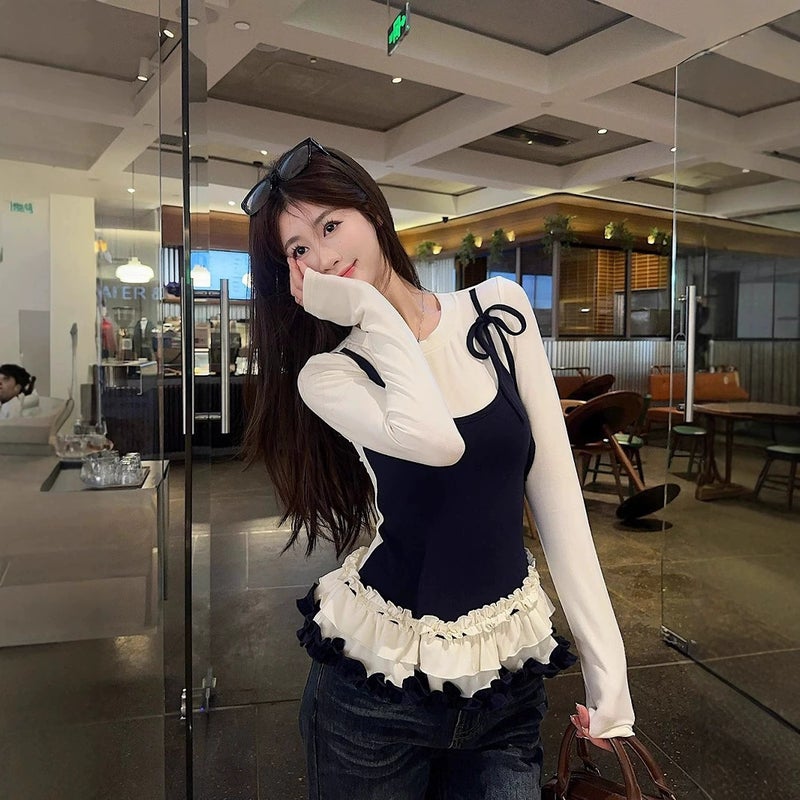 Design Sense Fake Two-Piece Long-Sleeved T-Shirt Women'S 2025 Early Spring Sweet Korean Fungus Lace Base Shirt Top - Image 4