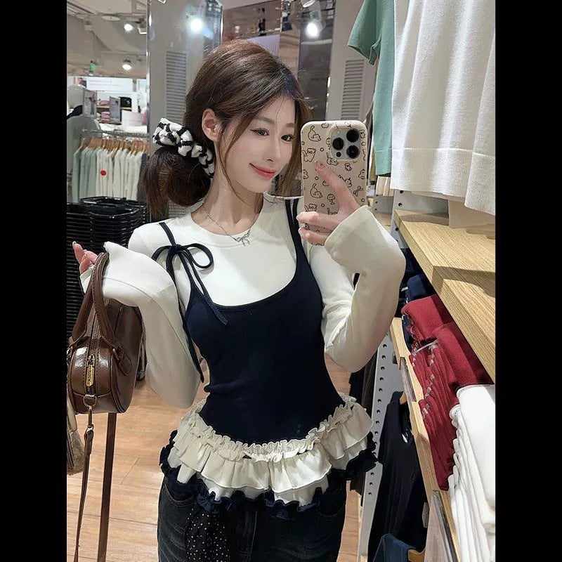 Design Sense Fake Two-Piece Long-Sleeved T-Shirt Women'S 2025 Early Spring Sweet Korean Fungus Lace Base Shirt Top - Image 3