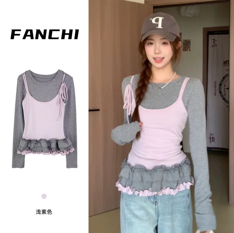 Design Sense Fake Two-Piece Long-Sleeved T-Shirt Women'S 2025 Early Spring Sweet Korean Fungus Lace Base Shirt Top - Image 2