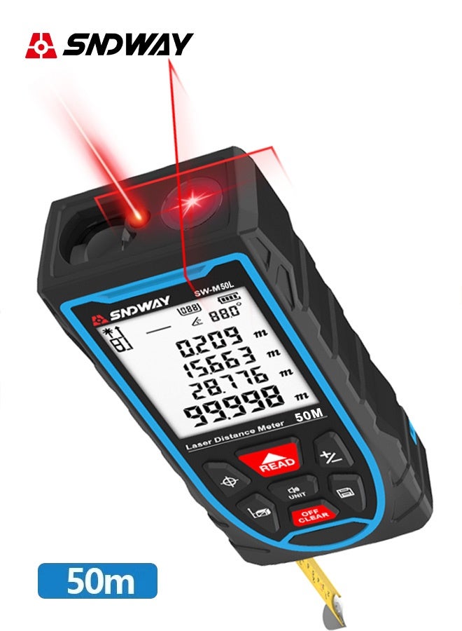 إس إن دي واي جهاز قياس المسافة بالليزر رقمي محمول 50 متر، مقياس مسافة ليزر مع تبديل الوحدات متر/بوصة/قدم، شاشة LCD بإضاءة خلفية، قياس المسافة، فيثاغورس، المساحة والحجم - Image 1
