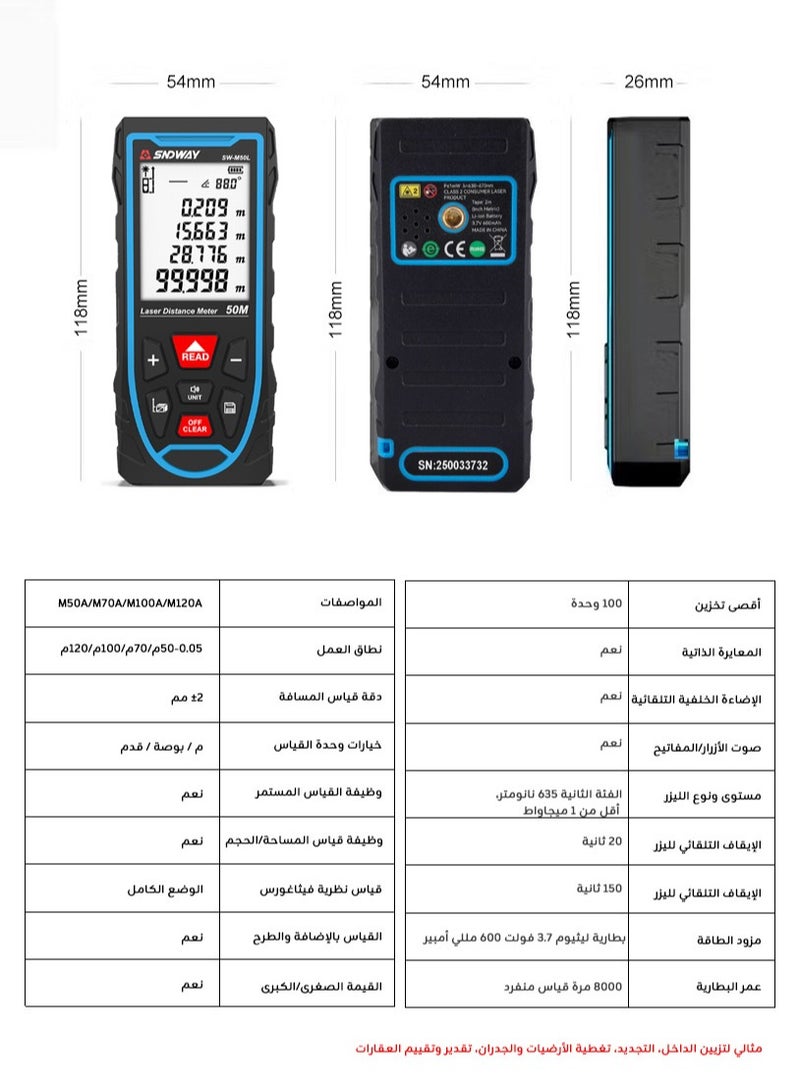 إس إن دي واي جهاز قياس المسافة بالليزر رقمي محمول 50 متر، مقياس مسافة ليزر مع تبديل الوحدات متر/بوصة/قدم، شاشة LCD بإضاءة خلفية، قياس المسافة، فيثاغورس، المساحة والحجم - Image 4