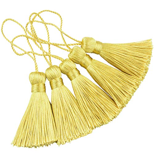 Makhry 20pcs 4.3 Inch Handmade Silky Floss Mini Tiny Craft Tassels with 2-Inch Cord Loop and Small Chinese Knot for Earrings, Souvenir, Bookmarks, DIY Craft Accessory,Tags (#16 Light Gold) - Image 1