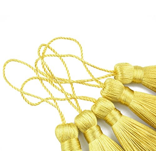 Makhry 20pcs 4.3 Inch Handmade Silky Floss Mini Tiny Craft Tassels with 2-Inch Cord Loop and Small Chinese Knot for Earrings, Souvenir, Bookmarks, DIY Craft Accessory,Tags (#16 Light Gold) - Image 3