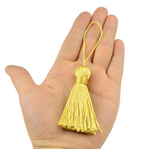 Makhry 20pcs 4.3 Inch Handmade Silky Floss Mini Tiny Craft Tassels with 2-Inch Cord Loop and Small Chinese Knot for Earrings, Souvenir, Bookmarks, DIY Craft Accessory,Tags (#16 Light Gold) - Image 2