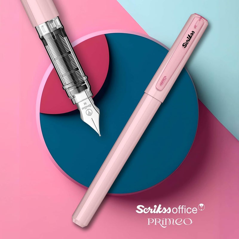 Scrikss Primeo Medium Nib Fountain Pen | 3 Cartridges Included | Stainless Steel Nib & ABS Body | Pink | in Blister Pack - Image 5