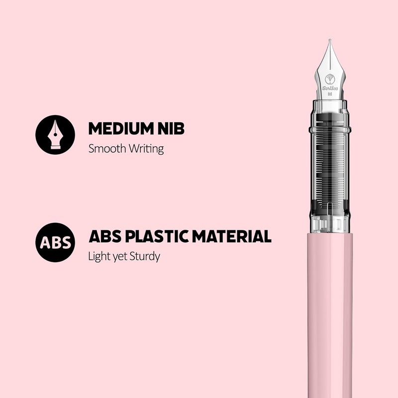 Scrikss Primeo Medium Nib Fountain Pen | 3 Cartridges Included | Stainless Steel Nib & ABS Body | Pink | in Blister Pack - Image 2