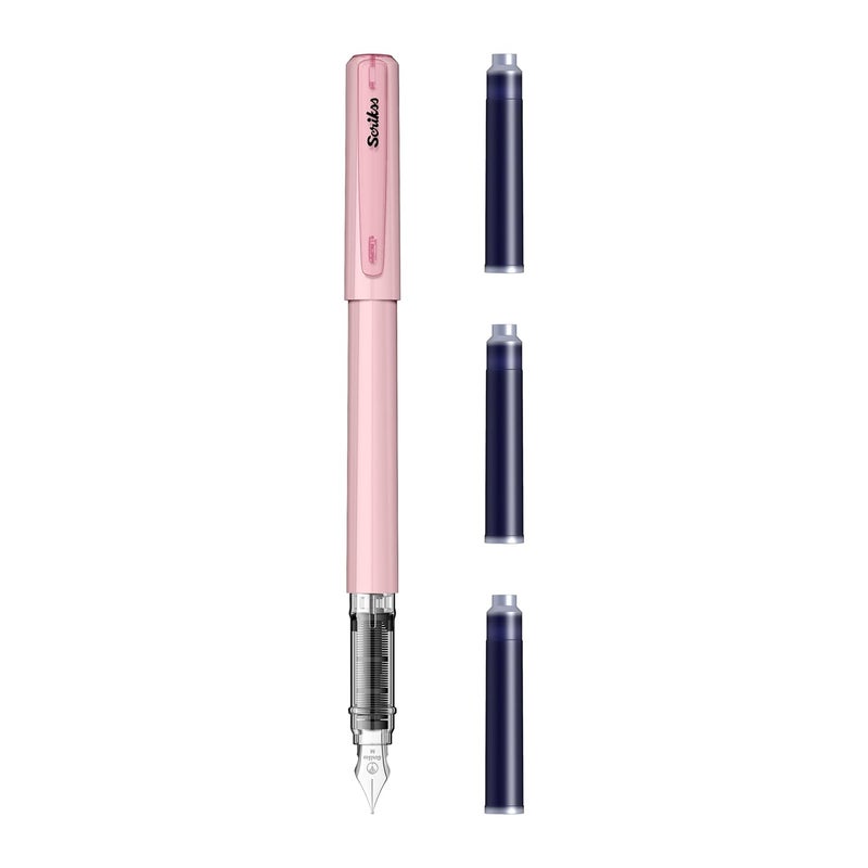 Scrikss Primeo Medium Nib Fountain Pen | 3 Cartridges Included | Stainless Steel Nib & ABS Body | Pink | in Blister Pack - Image 1