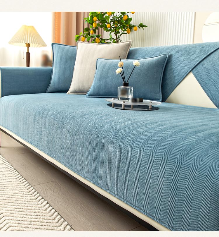 Rosygulls مضحك غلاف الأريكة غامض Chenille Couch Purniture Protector Funder Fuzzy Couch Couch for Sofa مضحك أريكة غير قسيمة يغطي جميع الفصول الأريكة الأريكة العامة 35.4x47.2in-herringbone-sea الأزرق - Image 3