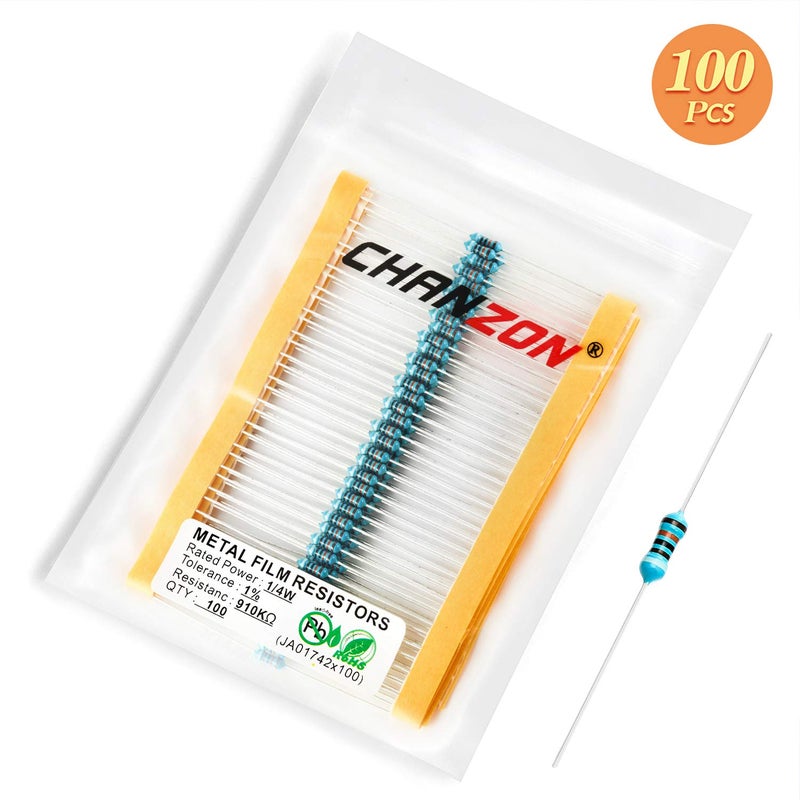 CHANZON 100pcs 1/4W (0.25W) 910K Ω ohm Metal Film Fixed Resistor 0.01 ±1% Tolerance 910KR MF Through Hole Resistors Current Limiting Rohs Certificated - Image 5