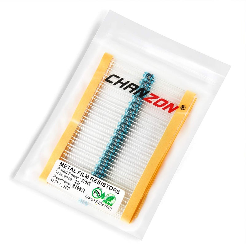 CHANZON 100pcs 1/4W (0.25W) 910K Ω ohm Metal Film Fixed Resistor 0.01 ±1% Tolerance 910KR MF Through Hole Resistors Current Limiting Rohs Certificated - Image 3