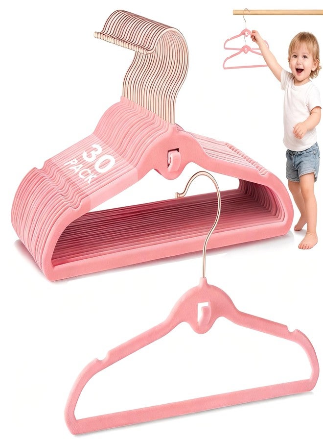 STOPKLAS Velvet Baby Clothes Hangers, Pink Velvet Hangers 30 Pack, 11 Inches Toddler Infant Hangers for Closet, Non Slip Nursery Clothes Hanger, Thin Space Saving Kids Felt Hanger with 360° Swivel Hooks - Image 1