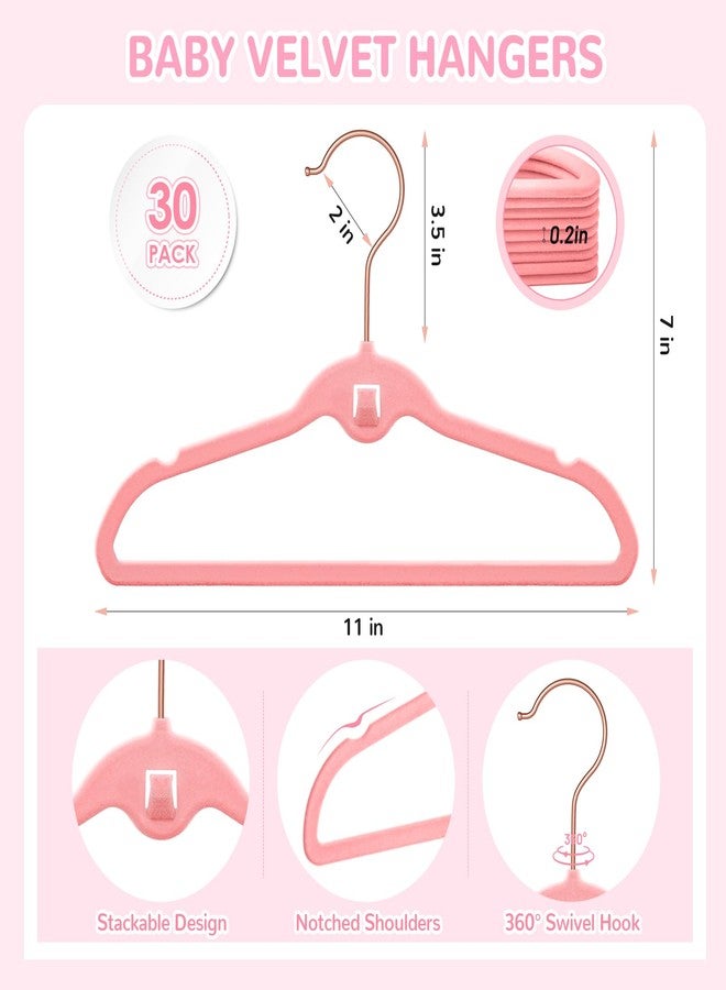 STOPKLAS Velvet Baby Clothes Hangers, Pink Velvet Hangers 30 Pack, 11 Inches Toddler Infant Hangers for Closet, Non Slip Nursery Clothes Hanger, Thin Space Saving Kids Felt Hanger with 360° Swivel Hooks - Image 2