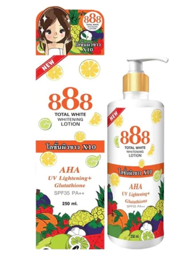 888 TOTAL WHITE لوشن تبييض 10X، وتفتيح الأشعة فوق البنفسجية AHA، والجلوتاثيون، وعامل حماية من الشمس 35 PA++ لبشرة متساوية اللون وخالية من العيوب وأكثر إشراقًا، وتغذية عميقة لإشراق دائم في زجاجة سعة 250 مل. - Image 1