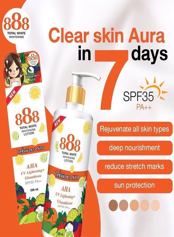 888 TOTAL WHITE لوشن تبييض 10X، وتفتيح الأشعة فوق البنفسجية AHA، والجلوتاثيون، وعامل حماية من الشمس 35 PA++ لبشرة متساوية اللون وخالية من العيوب وأكثر إشراقًا، وتغذية عميقة لإشراق دائم في زجاجة سعة 250 مل. - Image 2