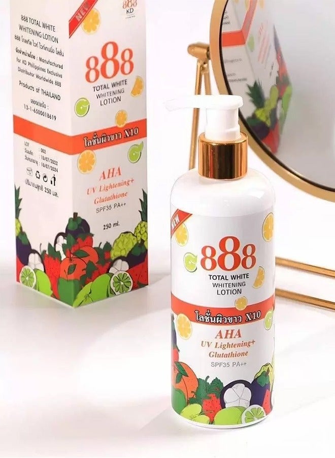 888 TOTAL WHITE لوشن تبييض 10X، وتفتيح الأشعة فوق البنفسجية AHA، والجلوتاثيون، وعامل حماية من الشمس 35 PA++ لبشرة متساوية اللون وخالية من العيوب وأكثر إشراقًا، وتغذية عميقة لإشراق دائم في زجاجة سعة 250 مل. - Image 3
