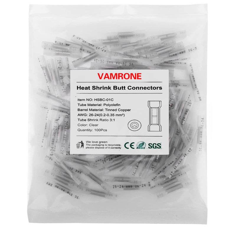 VAMRONE 100PCS Heat Shrink Butt Wire Connectors 26-24 AWG, Insulated Waterproof Electrical Wire Connectors Automotive Marine Grade Wire Crimp Terminals Butt Splices, Ideal for Boat, Truck, Clear - Image 1