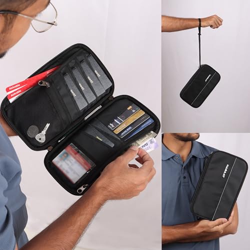 NABAAT Passport Cover Men & Women, Passport Holder for Family Up to 6 Passports, Passport Wallet Pouch Travel Organizer for Documents SIM Cash Card Mobile with Wrist Strap, Black (PH1) - Image 3