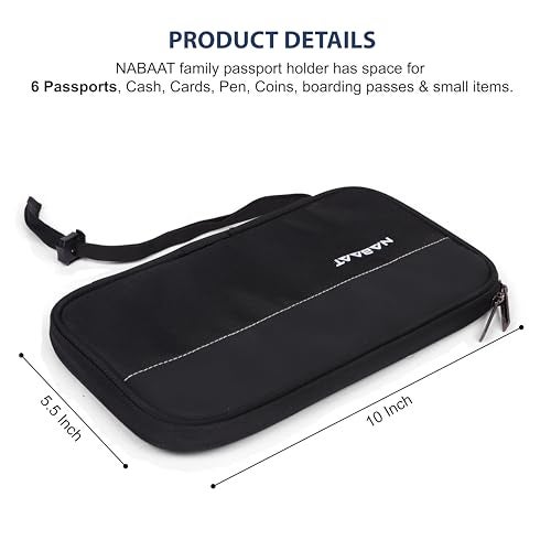 NABAAT Passport Cover Men & Women, Passport Holder for Family Up to 6 Passports, Passport Wallet Pouch Travel Organizer for Documents SIM Cash Card Mobile with Wrist Strap, Black (PH1) - Image 5