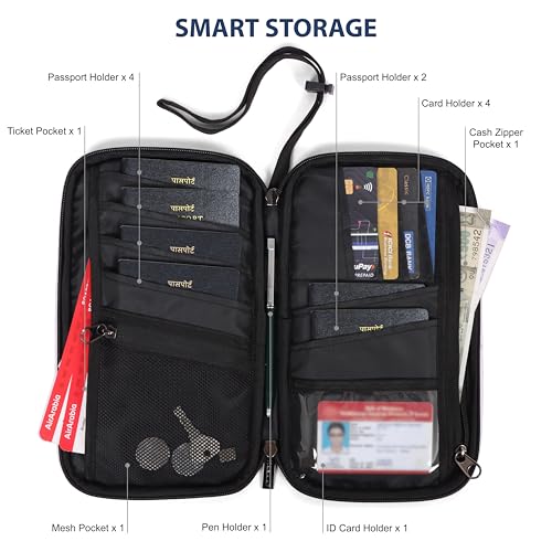 NABAAT Passport Cover Men & Women, Passport Holder for Family Up to 6 Passports, Passport Wallet Pouch Travel Organizer for Documents SIM Cash Card Mobile with Wrist Strap, Black (PH1) - Image 2
