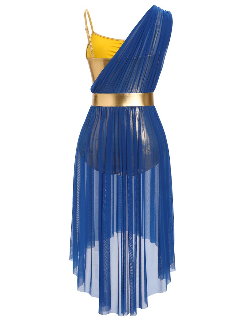 AFAVOM Women's Lyrical Dance Costume Sleeveless V-Neck Shiny Metallic Lyrical Dance Dress Asymmetric High Low Flowy Mesh Tulle Skirt Contemporary Dance Costumes Ballet Leotard Dancewear Royal Blue S - Image 4