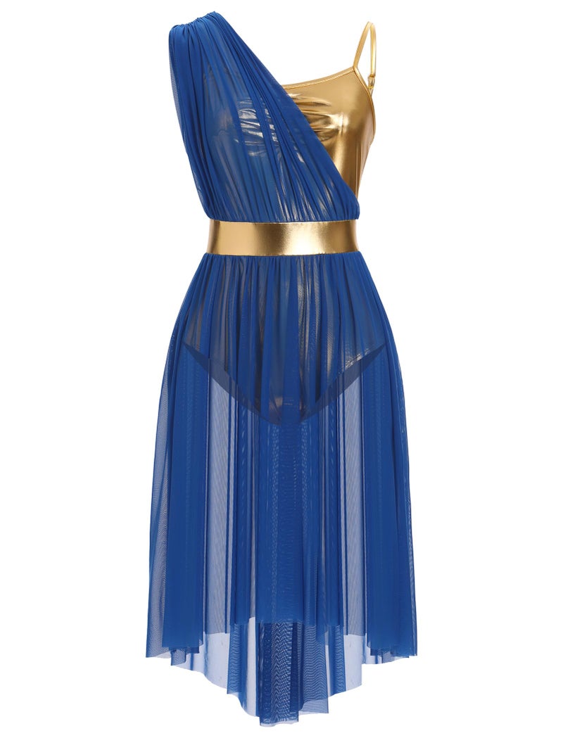 AFAVOM Women's Lyrical Dance Costume Sleeveless V-Neck Shiny Metallic Lyrical Dance Dress Asymmetric High Low Flowy Mesh Tulle Skirt Contemporary Dance Costumes Ballet Leotard Dancewear Royal Blue S - Image 1