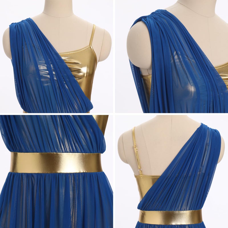 AFAVOM Women's Lyrical Dance Costume Sleeveless V-Neck Shiny Metallic Lyrical Dance Dress Asymmetric High Low Flowy Mesh Tulle Skirt Contemporary Dance Costumes Ballet Leotard Dancewear Royal Blue S - Image 5