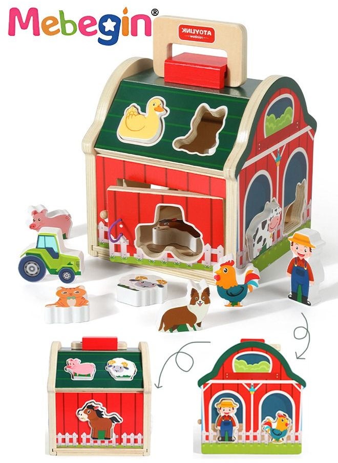 MEBEGIN Wooden Shape Sorter Toy with 10 Animals Blocks,Classic Educational Toy Wooden Farm House Farm Animal Matching Toys Wooden Toy for Boys Girls Gift  - Image 1