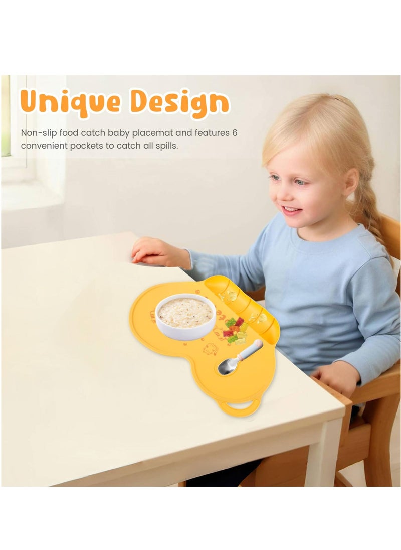 Excefore - Baby Silicone Placemats for Toddlers Kids, Kids Placemats Wipeable, Food Grade Silicone Baby Place Mat, with 6 Food Catching Pockets, Nonslip Heat Resistant, for Dining Table & Restaurants (Yellow) - Image 1