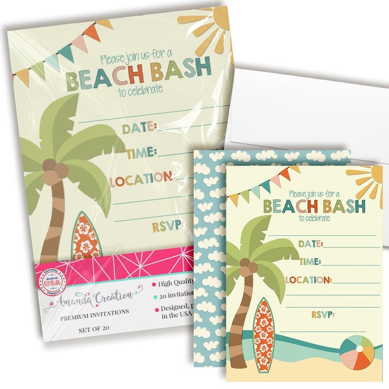 Beach Bash Summer Birthday Party Invitations 20 5x7 Fill In Cards with Twenty White Envelopes by AmandaCreation
