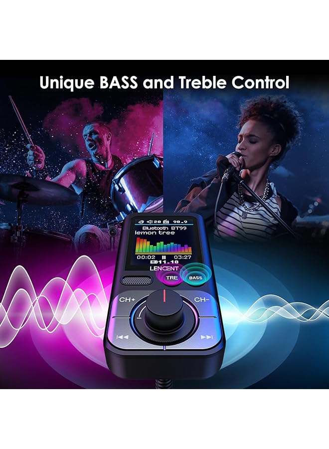 Lencent Bluetooth 5.0 Fm Transmitter With Big Color Screen, Hifi Music Treble&Bass Booster, Qc3.0 Fast Charger, Aux Car Radio Adapter, Wireless Microphone Support Hands-Free Siri Google Tf Card - Image 2