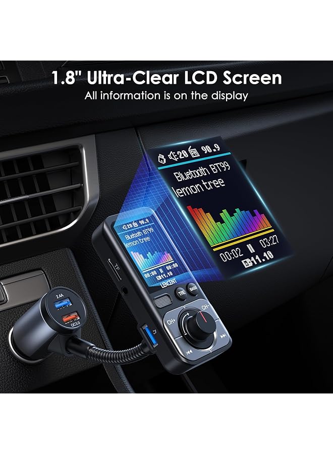 Lencent Bluetooth 5.0 Fm Transmitter With Big Color Screen, Hifi Music Treble&Bass Booster, Qc3.0 Fast Charger, Aux Car Radio Adapter, Wireless Microphone Support Hands-Free Siri Google Tf Card - Image 3