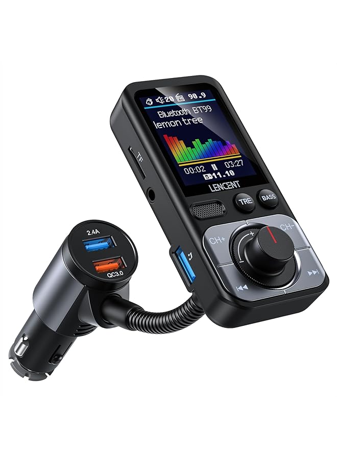 Lencent Bluetooth 5.0 Fm Transmitter With Big Color Screen, Hifi Music Treble&Bass Booster, Qc3.0 Fast Charger, Aux Car Radio Adapter, Wireless Microphone Support Hands-Free Siri Google Tf Card - Image 1