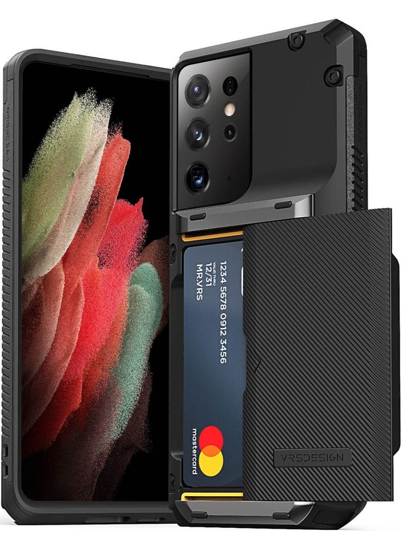 VRS Design Damda Glide Pro Case Cover Wallet with Semi Automatic Slider Card Holder Slot for Samsung Galaxy S21 Ultra - Black Groove - Image 1