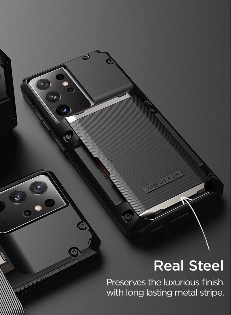 VRS Design Damda Glide Pro Case Cover Wallet with Semi Automatic Slider Card Holder Slot for Samsung Galaxy S21 Ultra - Black Groove - Image 5