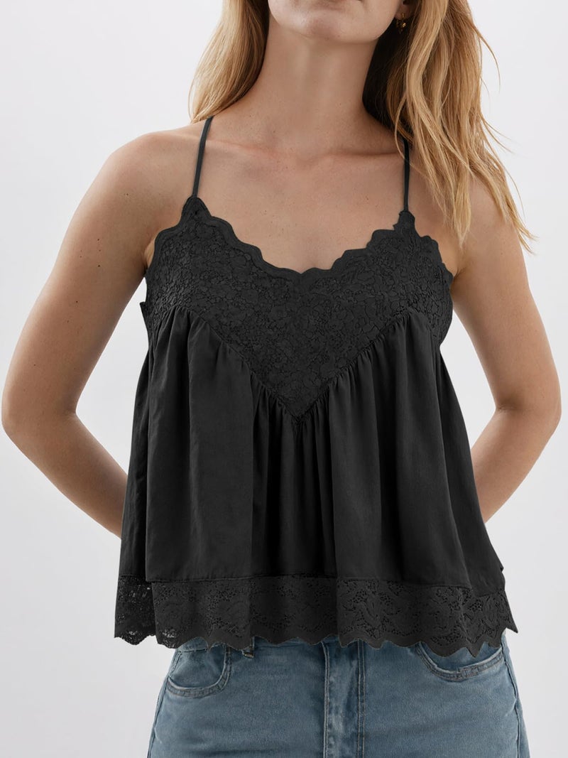 Yousify Women's Y2k Lace Cami Tops V Neck Babydoll Spaghetti Strap Going Out Tops Summer Cute Floral Flowy Camisole Shirts Black - Image 2
