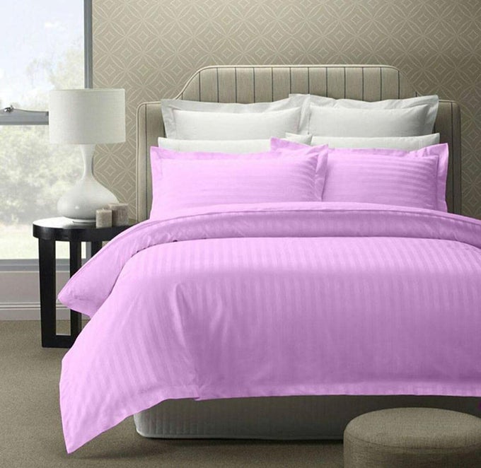 210 TC GLACE COTTON SATIN STRIPES PLAIN BED SHEET FOR DOUBLE BED KING SIZE WITH TWO PILLOW COVERS FOR HOMEHOTELS 90X100 INCH LIGHT PURPLE