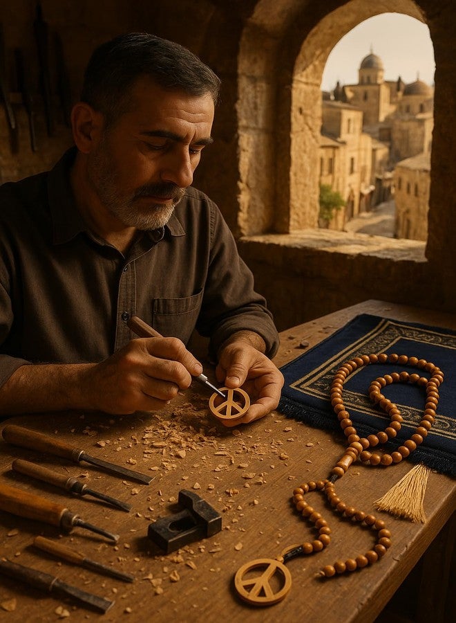 SANAD قلادة علامة السلام ساناد من خشب الزيتون - مجوهرات يدوية من القدس - إكسسوار تنكري من الستينيات والسبعينيات - قلادة خفيفة الوزن للرجال والنساء - Image 3