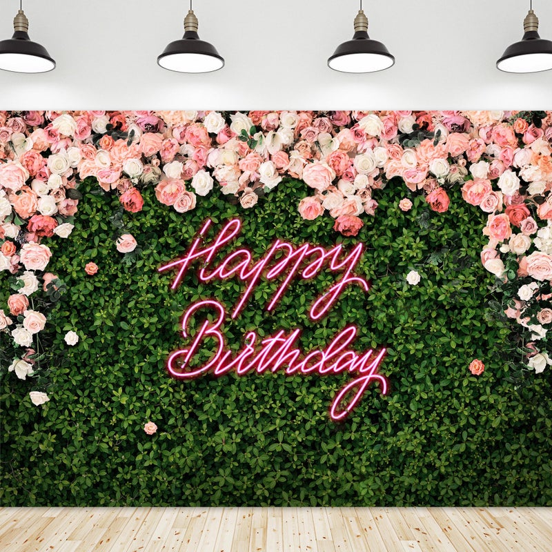Riyidecor Happy Birthday Backdrop for Women，Girls Flower Wall Pink Rose，Green Leaves Floral Blossom Botanical Plant Nature 7Wx5H Feet Photography Background 30 Birthday Photo Studio Shoot Fabric - Image 1