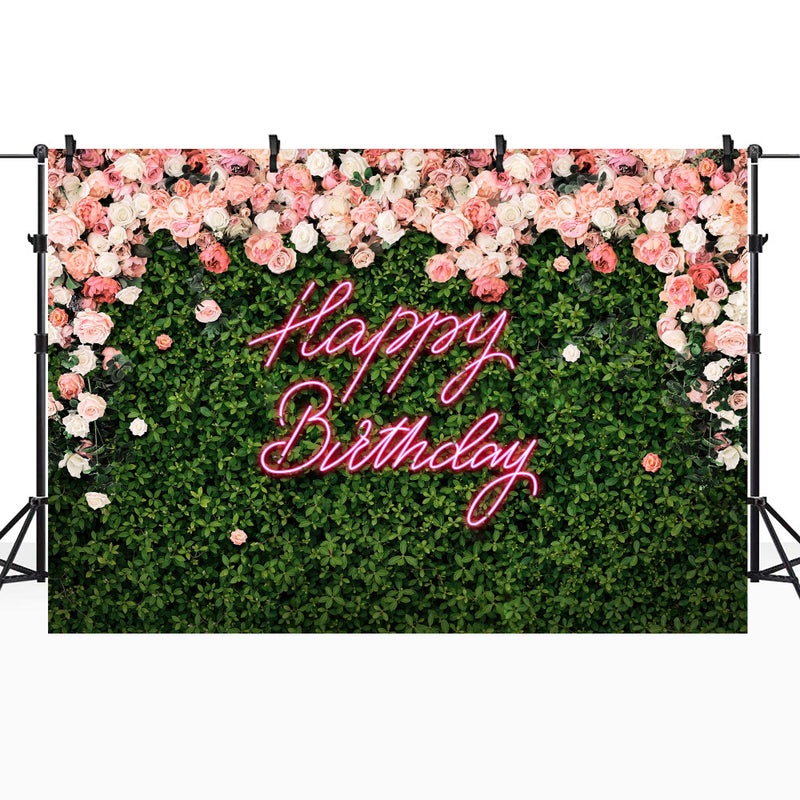 Riyidecor Happy Birthday Backdrop for Women，Girls Flower Wall Pink Rose，Green Leaves Floral Blossom Botanical Plant Nature 7Wx5H Feet Photography Background 30 Birthday Photo Studio Shoot Fabric - Image 2
