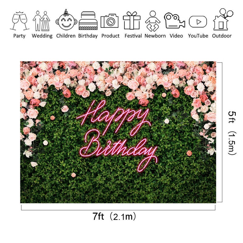 Riyidecor Happy Birthday Backdrop for Women，Girls Flower Wall Pink Rose，Green Leaves Floral Blossom Botanical Plant Nature 7Wx5H Feet Photography Background 30 Birthday Photo Studio Shoot Fabric - Image 3
