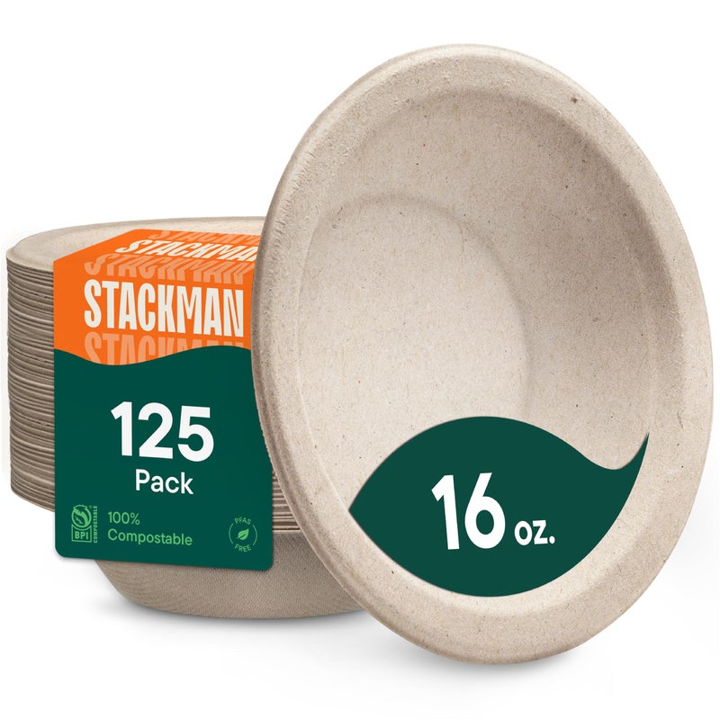 Stack Man Paper Bowls 100 Compostable Disposable Soup Bowl 125Pack PFASFree BPI Certified 16 oz Heavy Duty EcoFriendly Biodegradable Bagasse Hot Food Plates and Bowls Natural Brown