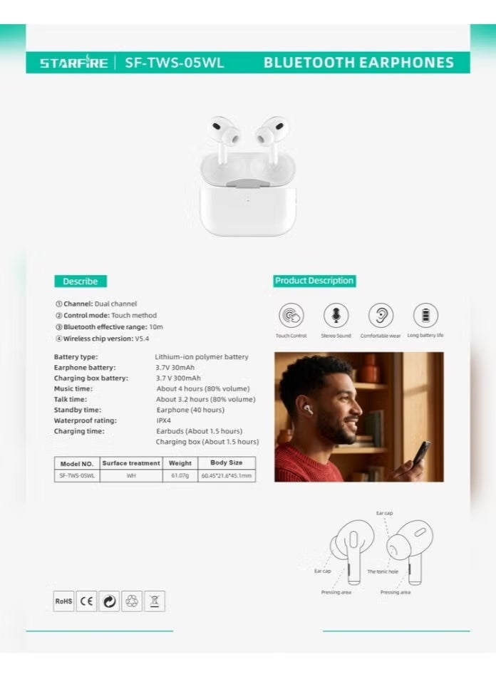 Starfire Touch Control Bluetooth Earbuds V5.4, Dual Channel Stereo Wireless In-Ear Earphones, IPX4 Sweat Resistant, 10m Range, 300mAh Charging Case, 40H Standby, Lightweight Earbuds for Calls & Music - Image 5