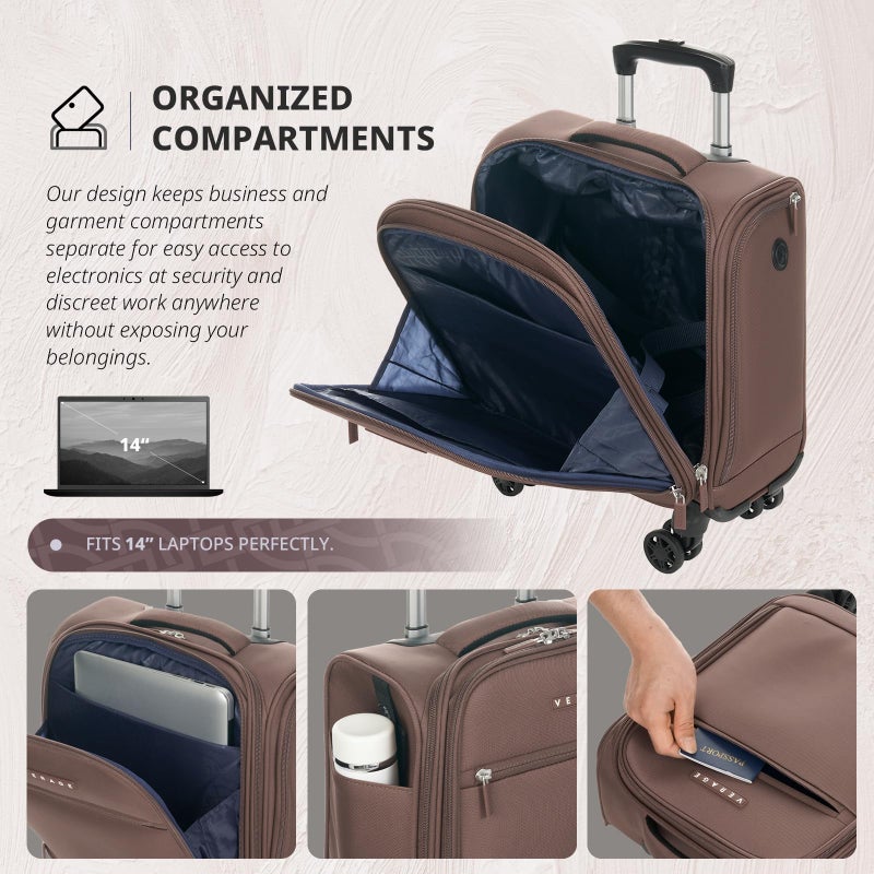 Verage Underseat Carry On Luggage with Wheels, 14.5-Inch Spinner Small Suitcase, Softside Lightweight Travel Bag for Men and Women, Airplane Carry On Bag, Chestnut Brown - Image 3