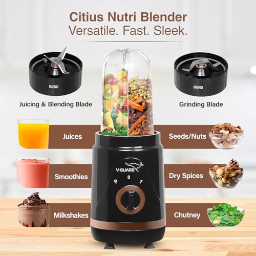 V-Guard Citius Nutri Blender | Bullet Mixer Grinder Juicer | 5 Leakproof Jars | 2 Years Product & Motor Coverage by V-Guard | 400 W Copper Motor | Upto 22,000 RPM | Storage, Seasoning & Sipper Lids - Image 2